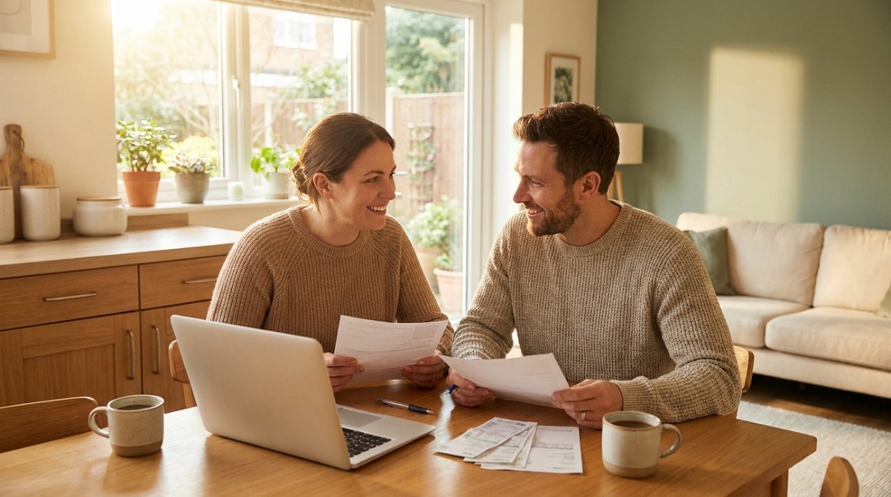 Couple reviewing home finances at their sunlit kitchen table