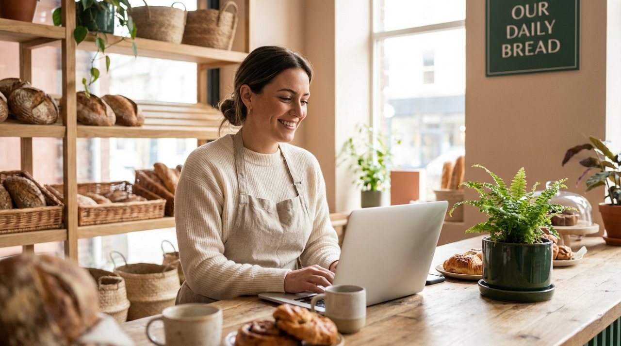 Self-employed bakery owner working on a laptop in their shop