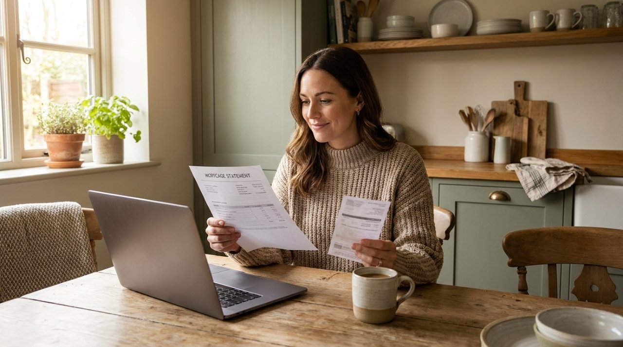 Homeowner calmly reviewing a mortgage statement at the kitchen table